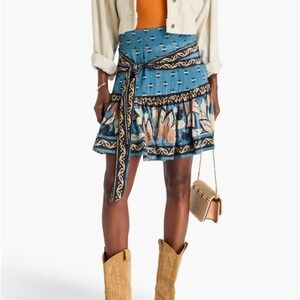 FARM RIO AINIKA TIE WAIST PRINTED CREPE DE CHINE MINI SKIRT IN SLATE BLUE